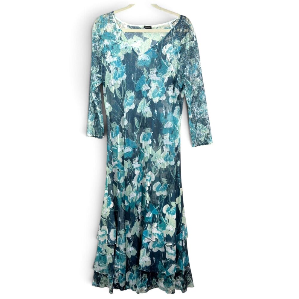 sheer floral lace maxi dress 1x teal layered ruffle 3/4 sleeves boho by komarov